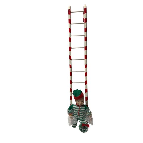 Vintage Elf Doll With Candy Cane Striped Ladder Christmas Decor - Picture 2 of 13